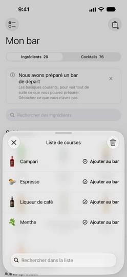La liste de courses avec quatre éléments, chacun avec un bouton Ajouter au bar