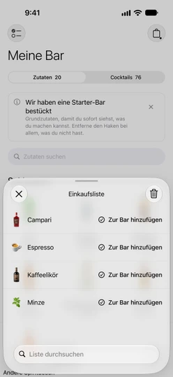 Die Einkaufsliste mit vier Einträgen, jeder mit dem Button „Zur Bar hinzufügen“