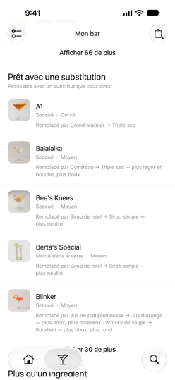 Mon bar → Cocktails, à la section Prêt avec une substitution, chaque ligne avec sa mention Remplacé par … → …