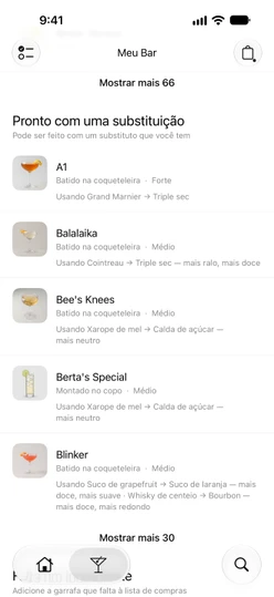 Meu Bar → Coquetéis rolado até Pronto com uma substituição, cada linha com sua linha Usando … → …