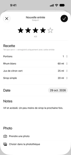 Une nouvelle entrée de journal pour un Daiquiri : quatre étoiles, la recette telle que servie, la date et un commentaire