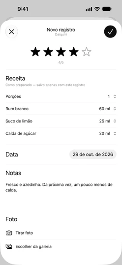 Um novo registro do diário para um Daiquiri: quatro estrelas, a receita como preparada, a data e uma nota