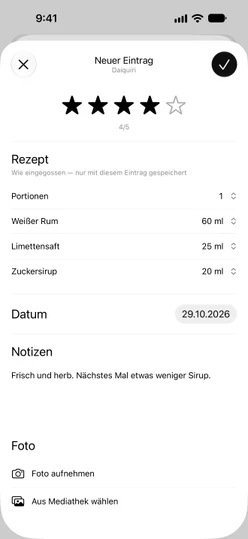 Ein neuer Journaleintrag für einen Daiquiri: vier Sterne, das Rezept wie eingegossen, das Datum und eine Notiz