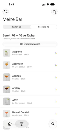 Meine Bar → Cocktails in der kostenlosen Version: Bereit 76 — 16 verfügbar, Überrasch mich und mit ✨ markierte Zeilen