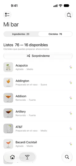 Mi bar → Cócteles en el plan gratis: Listos 76 — 16 disponibles, Sorpréndeme y filas marcadas con ✨